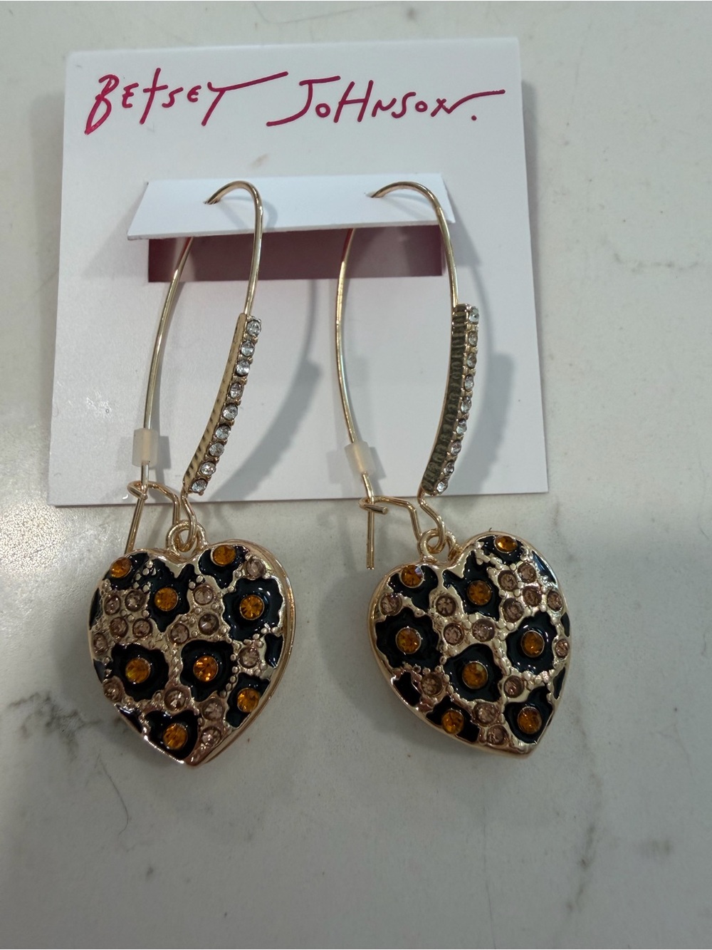 Betsey Johnson Gold Heart Earrings with Black and Amber Accents